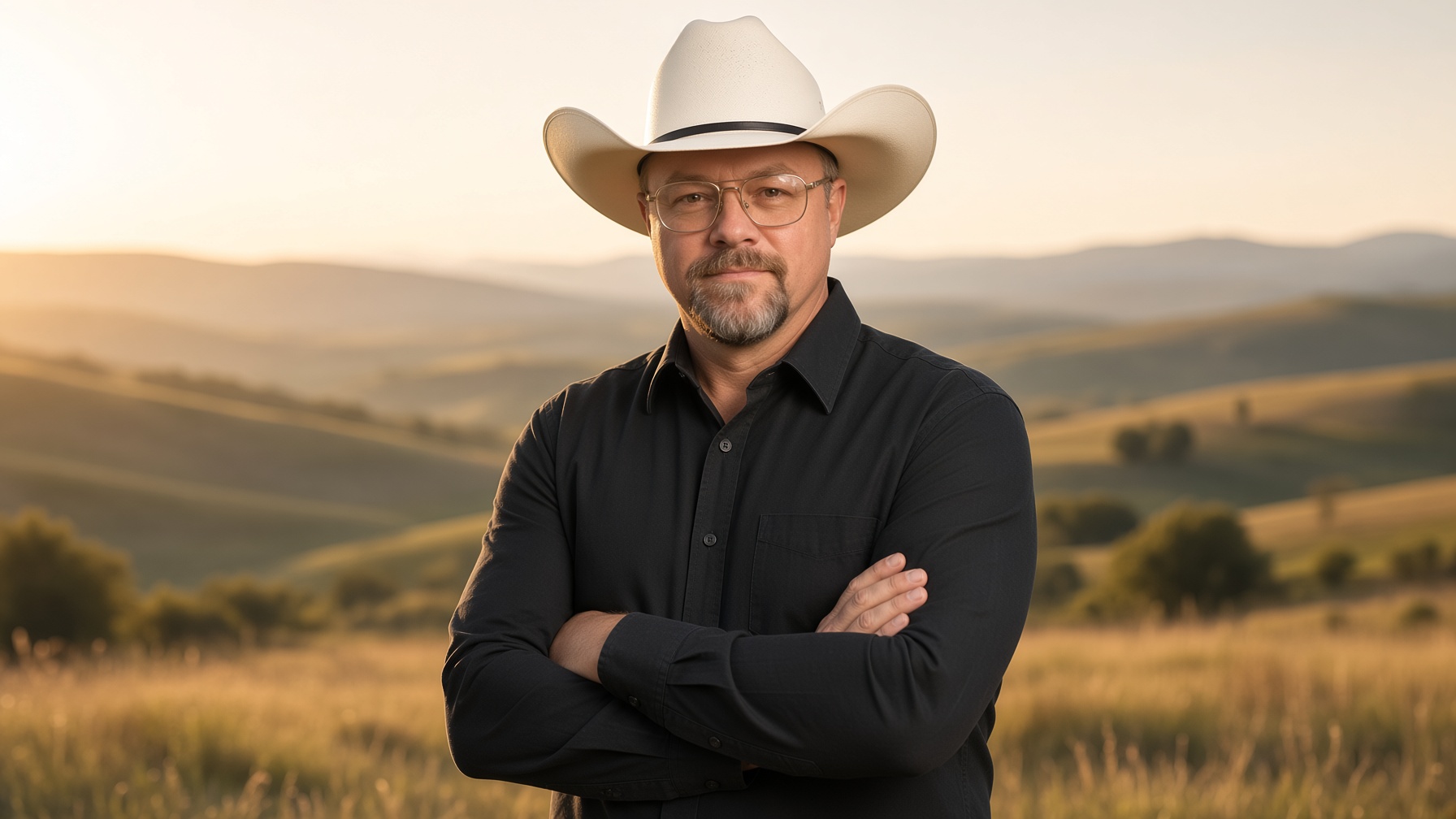 Chad Sanders with white cowboy hat, arms crossed, golden hour rolling hills behind him